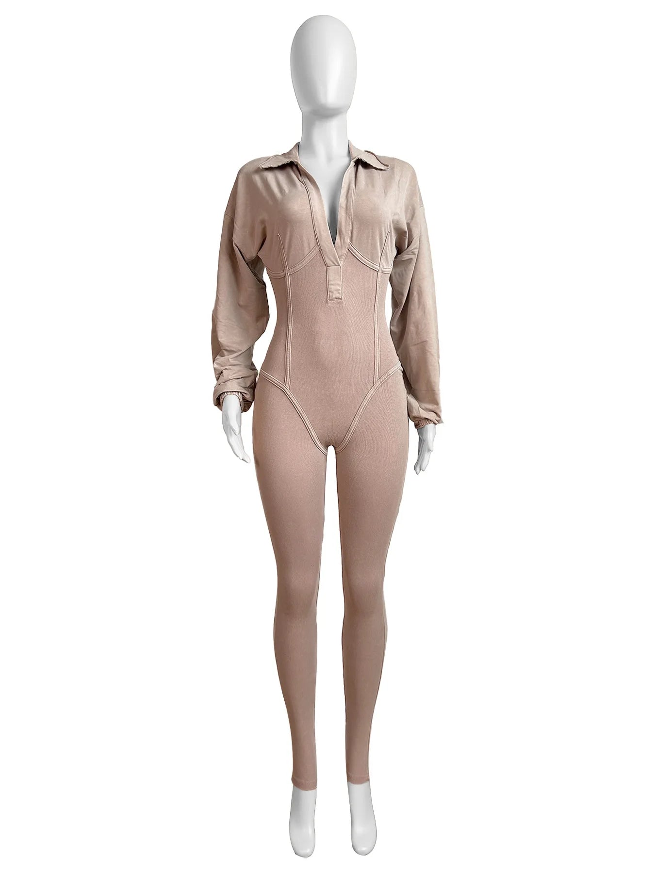Women's Clothing 2025 Spring Summer New Fashion Bubble Sleeves Sexy Deep V Tight Waist Casual Long Sleeved Jumpsuit Pants