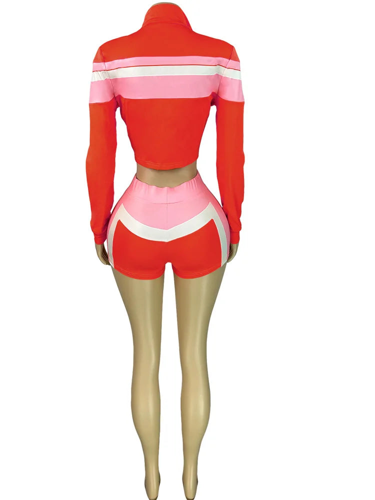 Beyprern Summer Red Color Block Tank Sweatshirt Shorts Set 3 Piece Outfits Women Lace-Up Bikini Set Swimsuits Night Clubwear