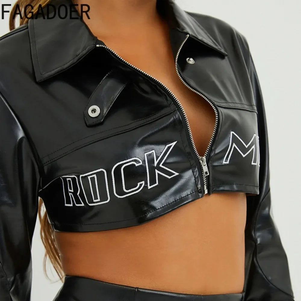 FAGADOER Y2k Punk Gothic Leather Jacket Women Cropped Lapel Letter Embroidery Moto Jackets Coat Short Female Streetwear New