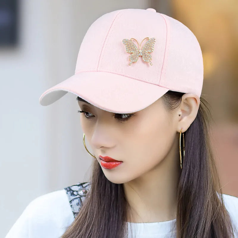 Ladies Summer New Versatile Cap Rhinestone Butterfly Sweat Absorbing Sunscreen Sun Hat Fashion Versatile Baseball Cap Breathable