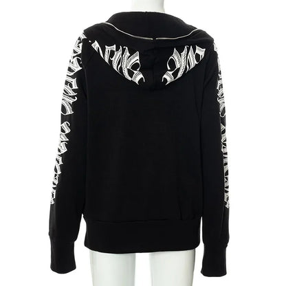 New 2024 Winter Letter Printed Zip Up Hoodie Streetwear Women Cyber Y2k Jackets Cardigan Gothic Punk Clothes Sweatshirts