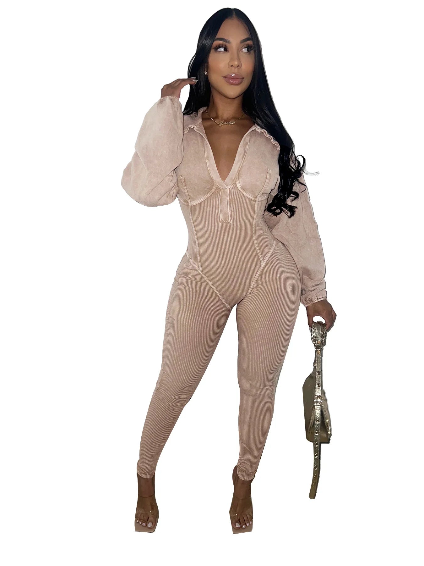 Women's Clothing 2025 Spring Summer New Fashion Bubble Sleeves Sexy Deep V Tight Waist Casual Long Sleeved Jumpsuit Pants