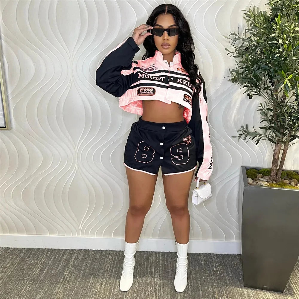 HLJ Letter Print Two Piece Outfits 2023 Autumn Winter Casual Sporty Baseball Coat Skirts Suits Detachable Buttons Y2k Streetwear