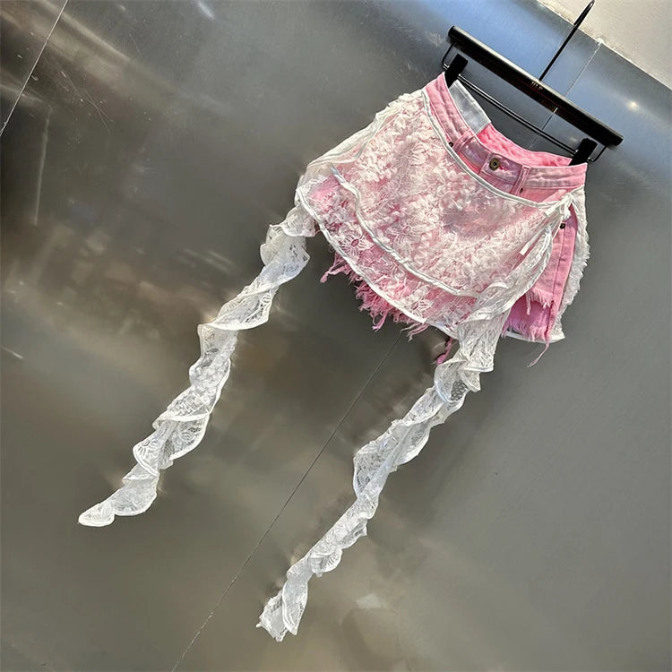 Ruffle Leaf Edge Irregular Curtain Skirt Sweet A Line Skirt Lace Splicing Denim Shorts Street Hipster Denim Shorts Women