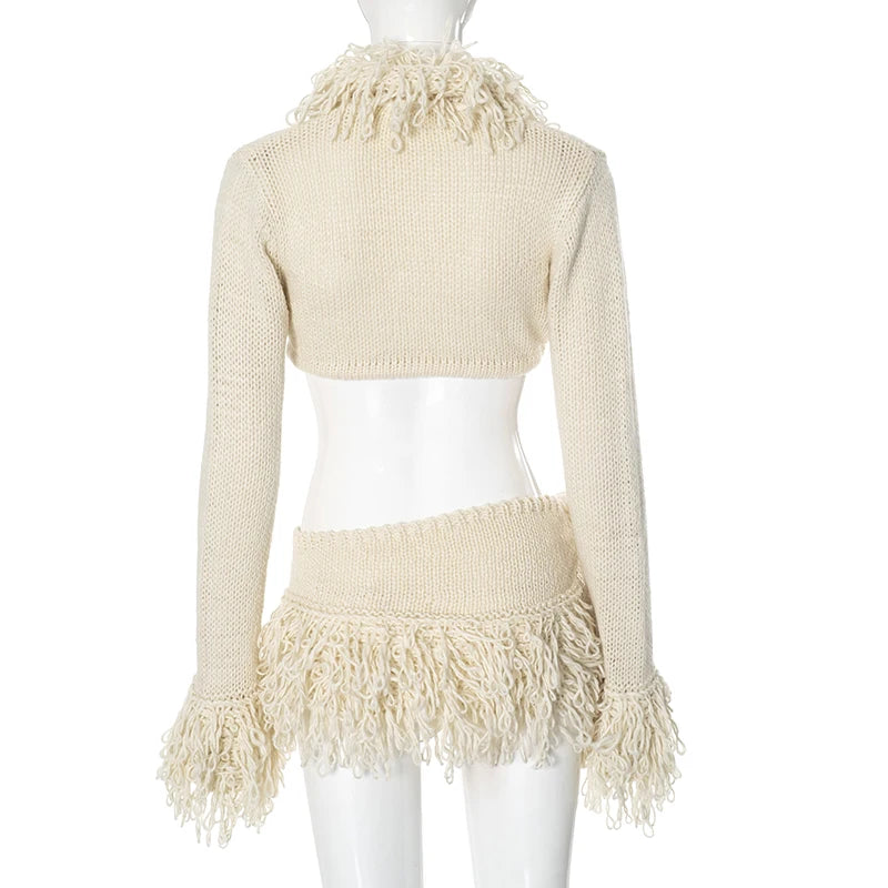 CUTENOVA 2024 New French Knit Sexy Set Tie Cardigan Long Sleeve Navel Top + Fashion Sexy Mini Skirt Set For Y2K Hottie Girl Wear