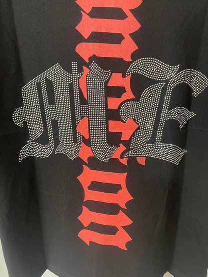 New Summer Letter Rhinestone Short Sleeve Black Mens Tshirts Streetwear Cotton Loose Round Neck Top Tees Oversized Unisex Tshirt