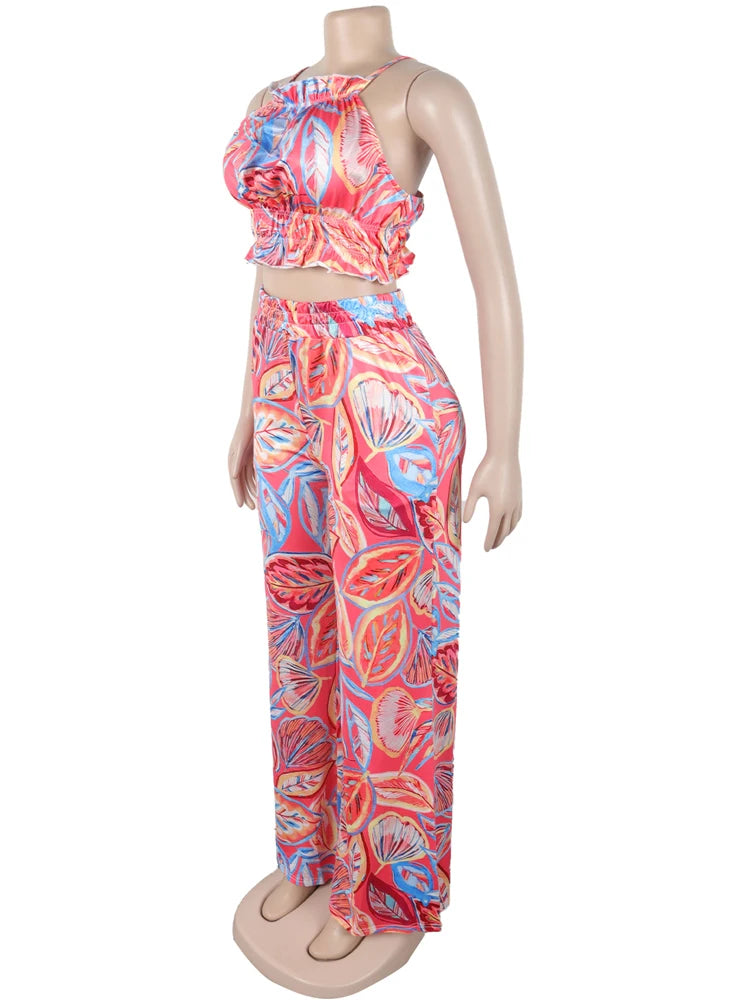Beyprern Women Tropical Leaf Printed Lace-Back Crop Top And Wide Legs Pant Set Summer Ruched Floral Tracksuits Set Beach Outfits