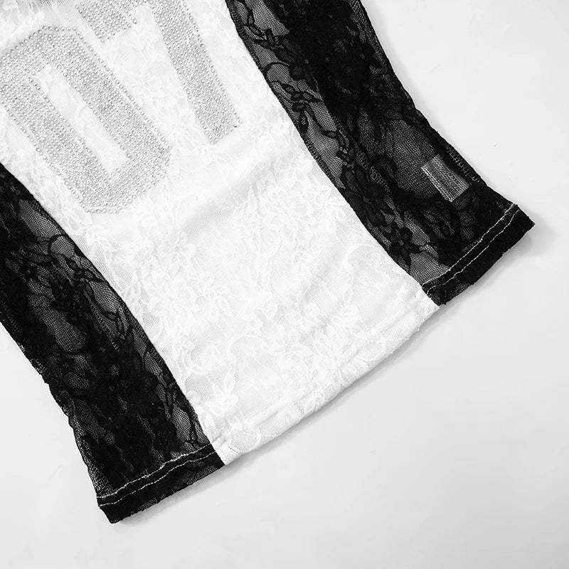 CUTENOVA 2025 Spring And Summer New Letters V Neck Rhinestone American Lace Color Collision Patchwork Top T-Shirt Streetwear