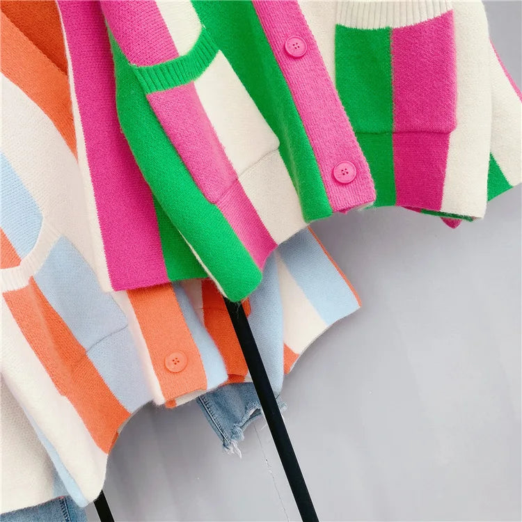 Joskaa Striped Patchwork Knitted Cardigan Women V-Neck Long Sleeve Single Breasted Sweater Coat Autumn 2023 Outwear Streetwear