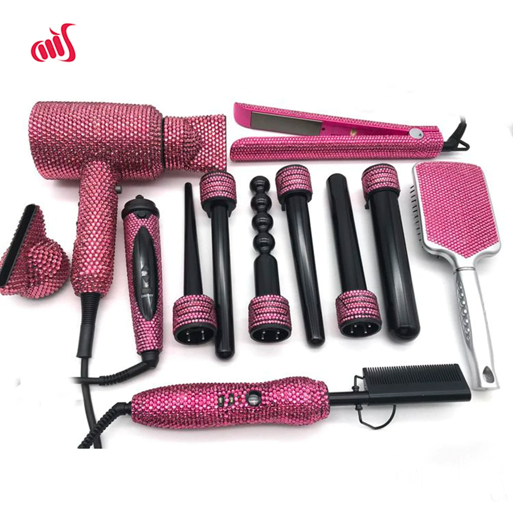 Rhinestone Diamond Hot Tools Set Hair Straightener Iron Comb Ionic Blow Dryer Curling Irons Hair Styling Appliances