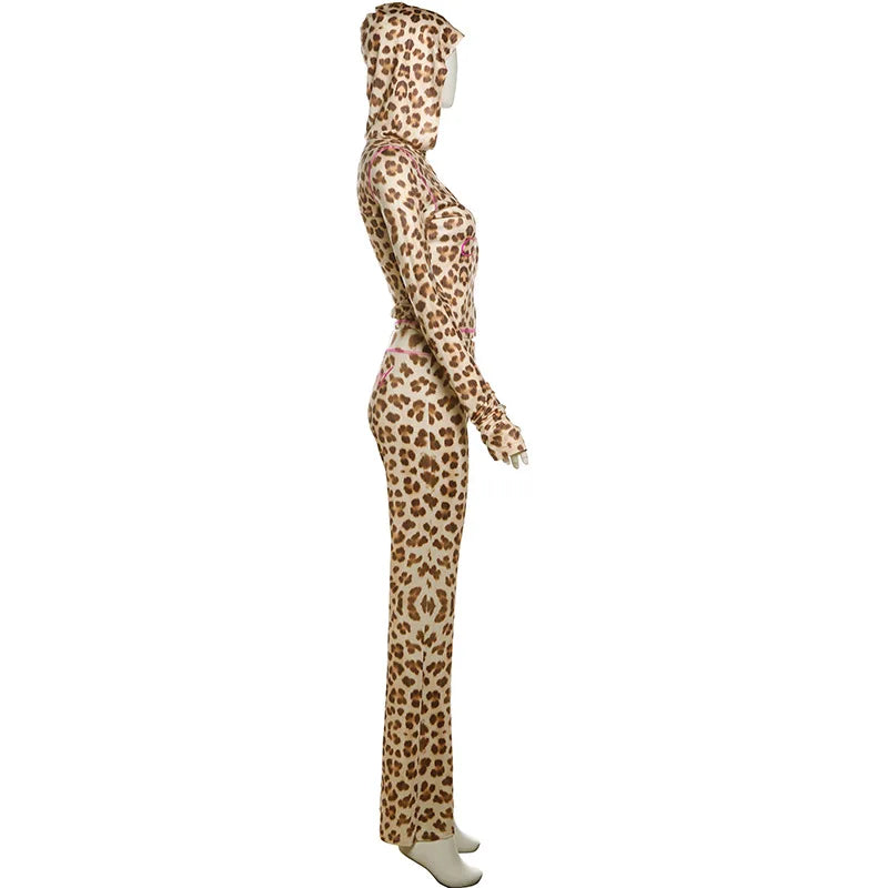 FAGADOER Sexy Leopard Print 2 Piece Sets Women Outfit Long Sleeve Zipper Hooded Crop Jacket + Flare Pants Suits Female Clothing
