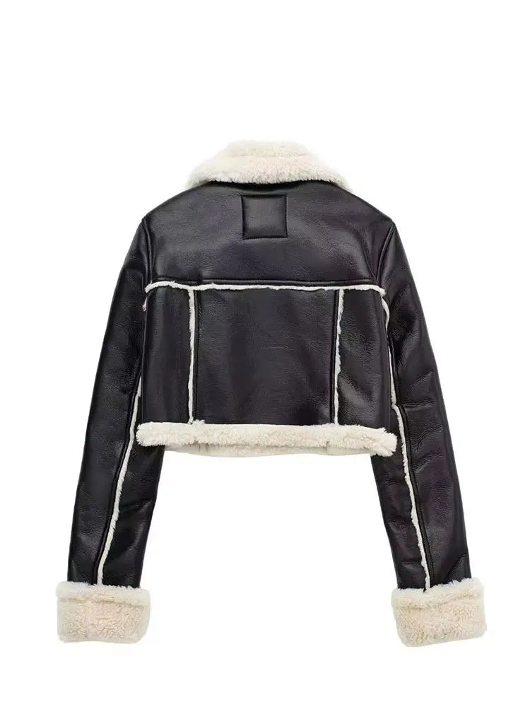 HH Women Faux Leather Thicken Short Jacket Vintage Front Zipper Lapel Long Sleeve Coat Winter Women Warm Casual Outerwear