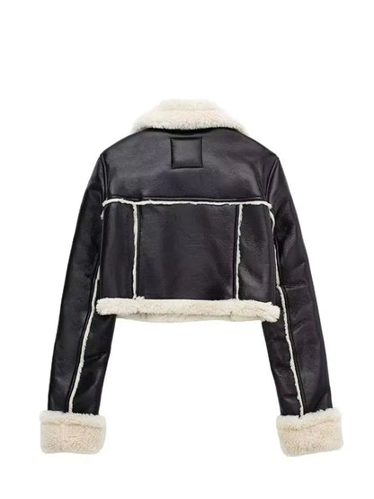 HH Women Faux Leather Thicken Short Jacket Vintage Front Zipper Lapel Long Sleeve Coat Winter Women Warm Casual Outerwear