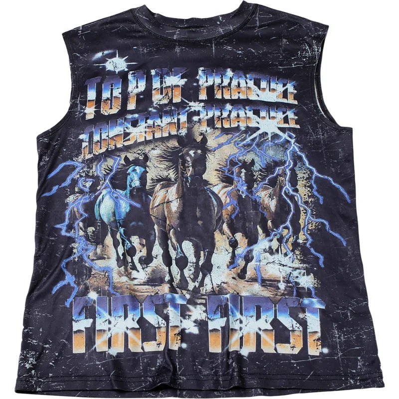 HLJ&GG Black Fashion Graphic Printing Loose T Shirts Women Round Neck Sleeveless Tops Summer New Female Hip Hop Streetwear 2025