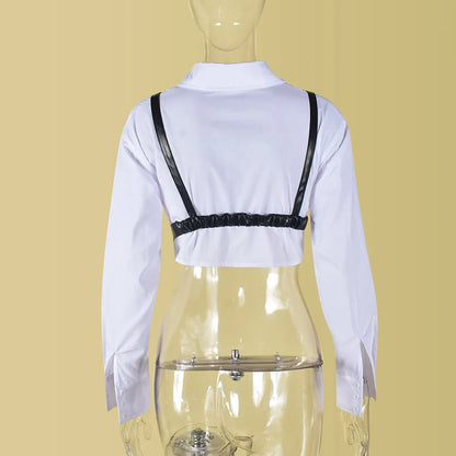 Joskaa Casual Lapel Long Sleeve Single Breasted Slim Crop White Blouses with Black Pu Bra Matching 2024 Chic Tops Streetwear