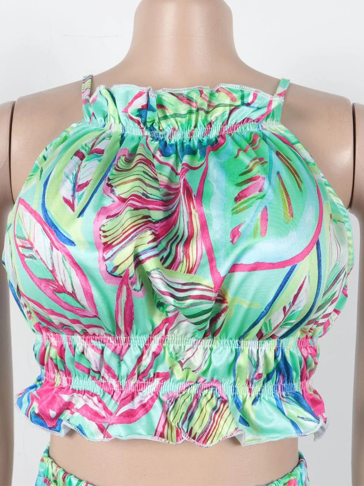Beyprern Women Tropical Leaf Printed Lace-Back Crop Top And Wide Legs Pant Set Summer Ruched Floral Tracksuits Set Beach Outfits
