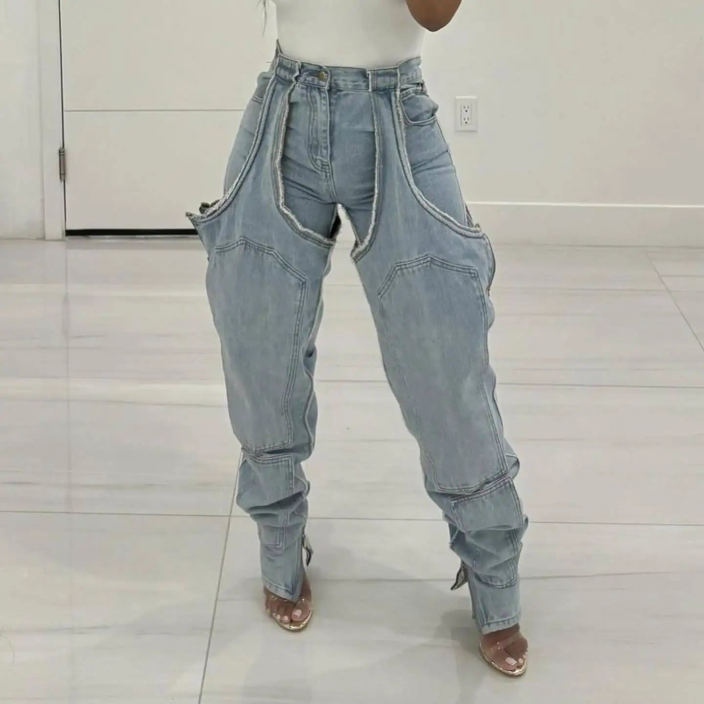 FAGADOER Hollow Out Sexy Denim Pants Women Irregular High Waist Cargo Patchwork Elasticity Jeans Hot Girl Y2k Streetwear Bottoms