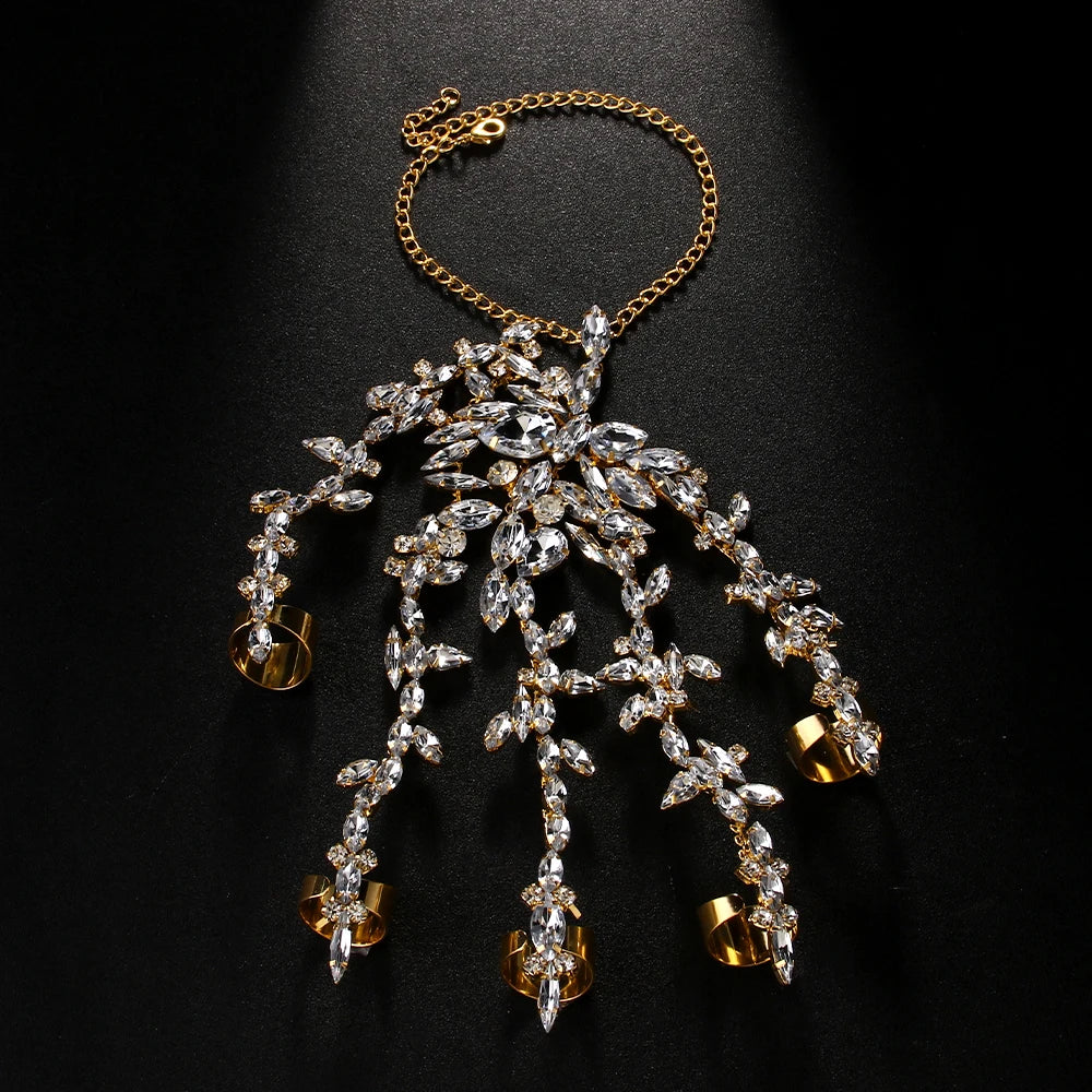 Stonefans Boho Crystal Finger Harness Bracelet Bridal Hand Decoration Wedding Gift Exaggerated Rhinestone Bangles Ring for Women