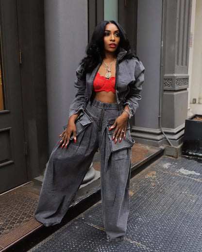 Denim Two Piece Sets Women Coat Jacket Wide Leg Pants Jeans Suits Matching Sets Trousers Outfits 2025 Y2k Streetwear Party