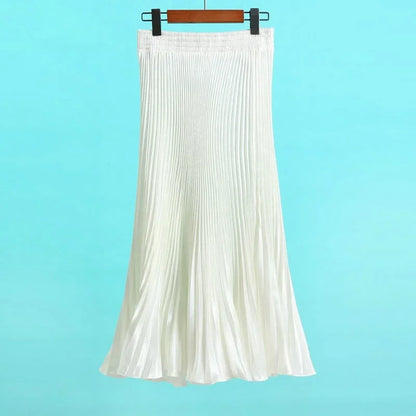Women's Fashion Pleated Mermaid Long Skirt Korean Style Casual High Waist Satin Flowy Skirts Shiny 19 Colors 2024 Spring SK500