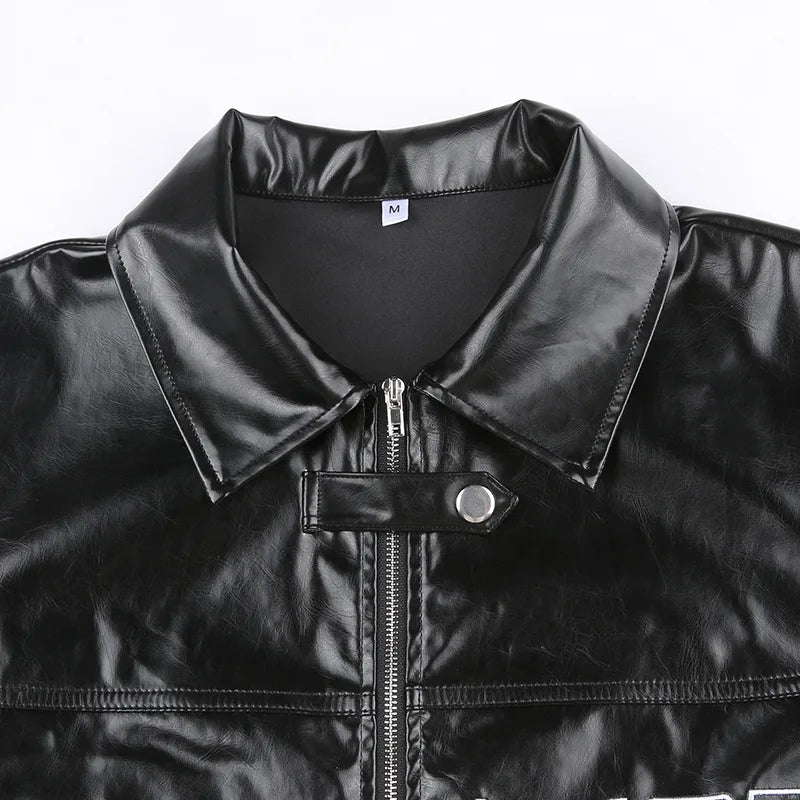 FAGADOER Y2k Punk Gothic Leather Jacket Women Cropped Lapel Letter Embroidery Moto Jackets Coat Short Female Streetwear New