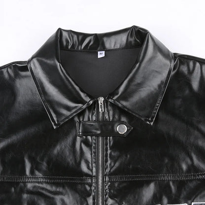 FAGADOER Y2k Punk Gothic Leather Jacket Women Cropped Lapel Letter Embroidery Moto Jackets Coat Short Female Streetwear New