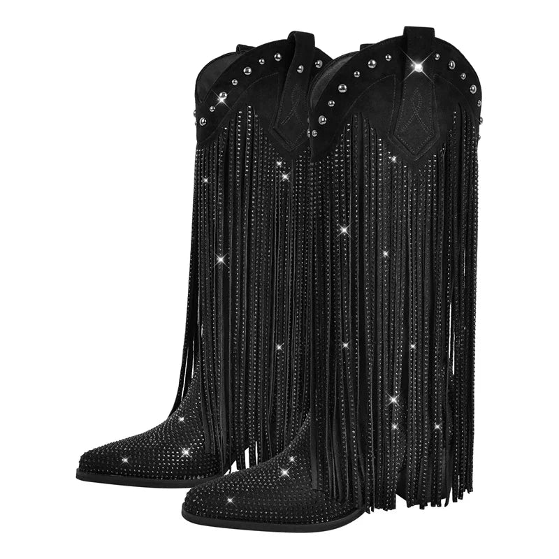 Onlymaker Women Sliver Rhinestone Fringe Knee High Western Boots Big Size Block Heel Pull-On Cowgirl Boots