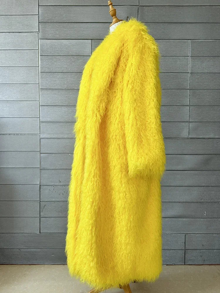 Women Faux Sheep Fur Long Coat Cardigan Thermal Loose Maxi Jackets Plush Coats Female Jacket Autumn Winter Furry Outerwear