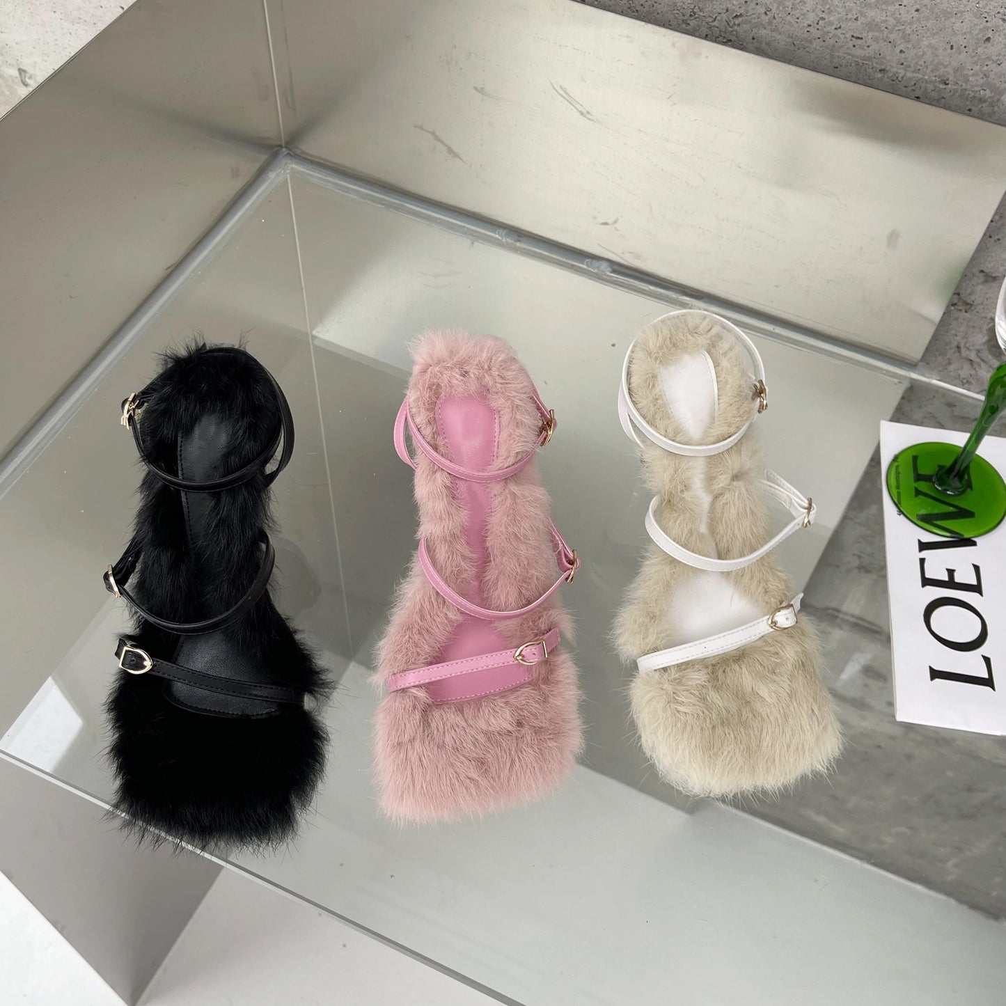 Eilyken 2025 New Brand Plush Fur Fuzzy Sandals Women Thin Heels Fashion Square Toe Ankle Lace Up Buckle Strap Slides Shoes