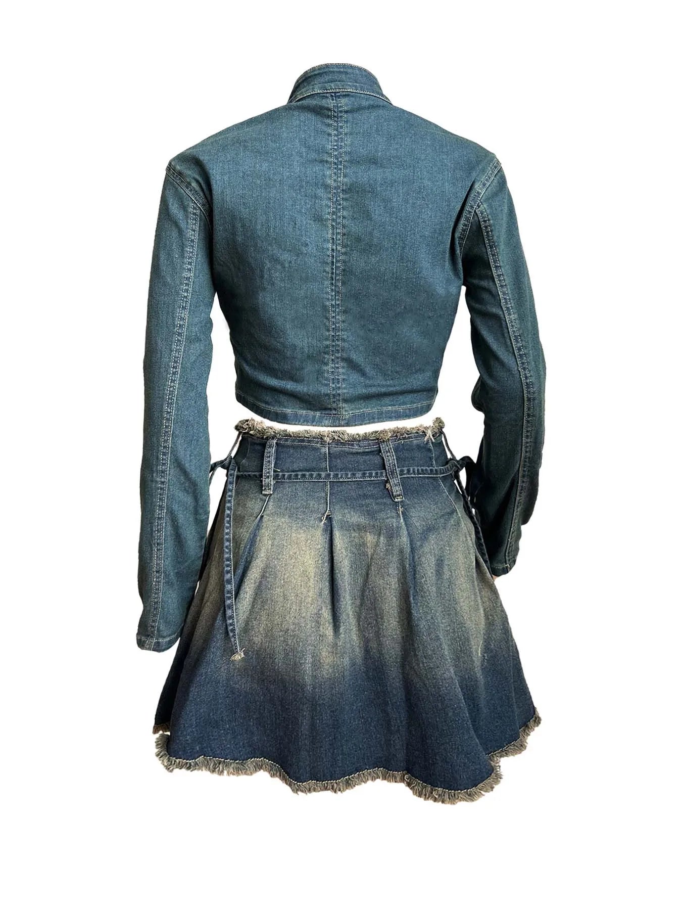 CM.YAYA Denim Women's Set Letter Embroidery Full Sleeve Jacket and Pleated Skirts Suits Streetwear Sexy Two 2 Piece Set Outfits