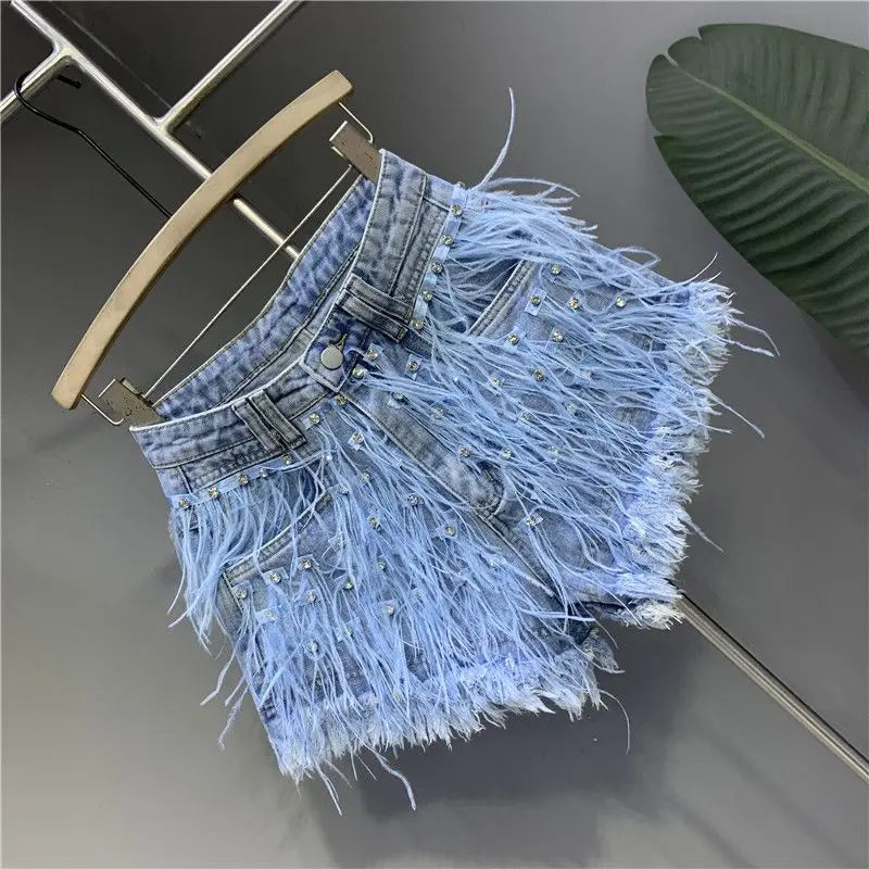 2025 Summer New Personalized Tassel Inlaid Diamond Wash Light Blue Denim Shorts Women's Streetwear Fashion Short Hot Pants