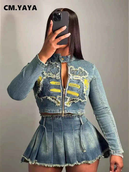 CM.YAYA Denim Women's Set Letter Embroidery Full Sleeve Jacket and Pleated Skirts Suits Streetwear Sexy Two 2 Piece Set Outfits