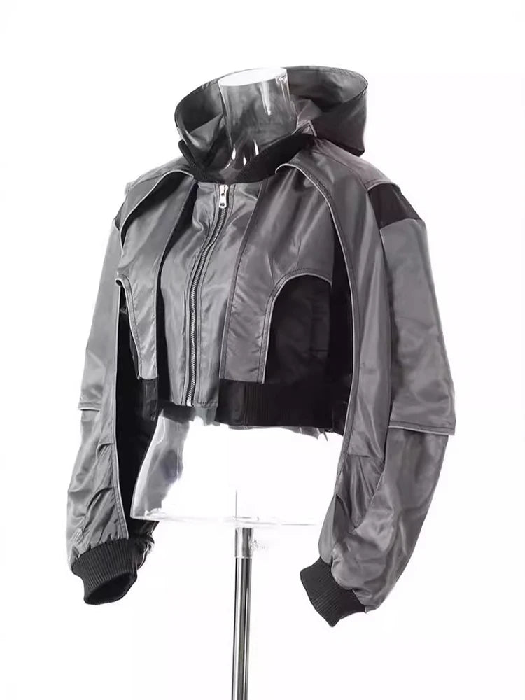 DEAT Fashion Women's Jackets Hooded Zipper Short Contrast Color Drawstring Deconstruction Coat Autumn 2025 New Tide 7AB4742