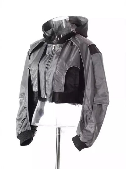 DEAT Fashion Women's Jackets Hooded Zipper Short Contrast Color Drawstring Deconstruction Coat Autumn 2025 New Tide 7AB4742