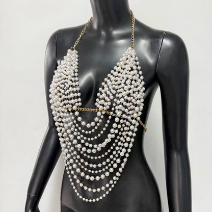 New Variety Of Body Chain Temperament White Pearl Suspender Silver Chain Top Metal Layered Fashionable Women's Clothing