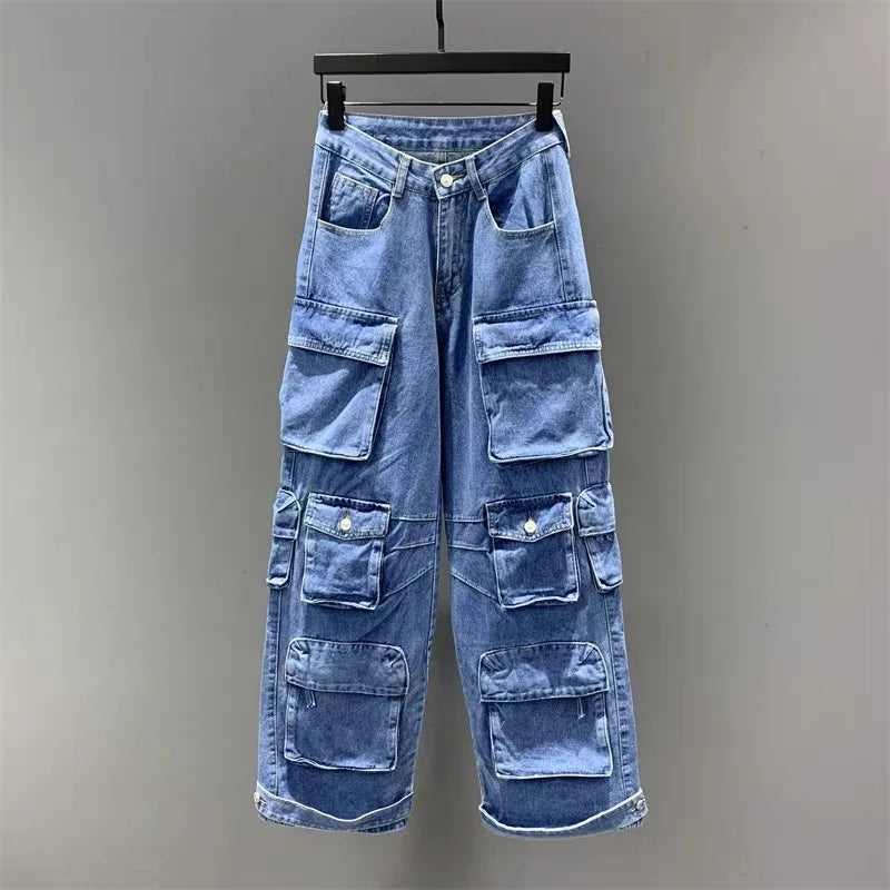 Joskaa Fashion Y2k Pockets Cargo Jeans Women Hipster High Waisted Straight Pants Fall 2023 Casual Denim Trousers Streetwear