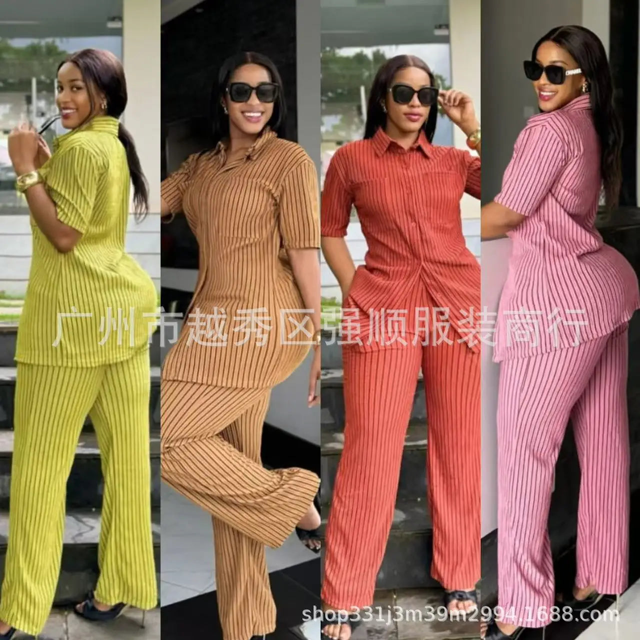 Two Piece Sets Women Pant Set Turn Down Collar Streetwear Y2k Single Breasted Shirt Tops Striped Wide Leg Long Pants Casual 2025