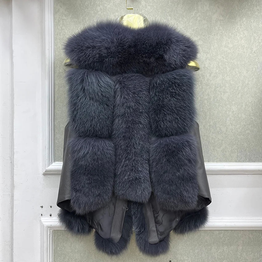 2024 New Autumn Winter Warm Women's Coat Natural Real Fox Fur Vest Thick Mid Length Waistcoat Luxury Female Jacket Streetwear