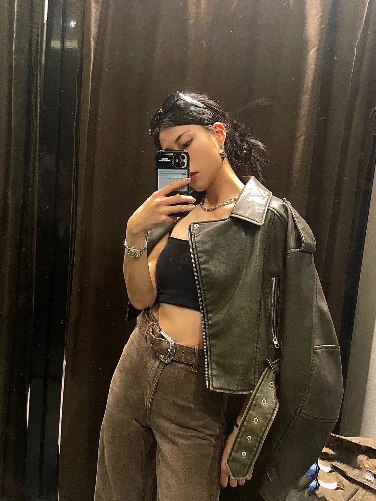 RARF Women's new vintage wash to do old short lapel long sleeve loose pu imitation leather jacket coat
