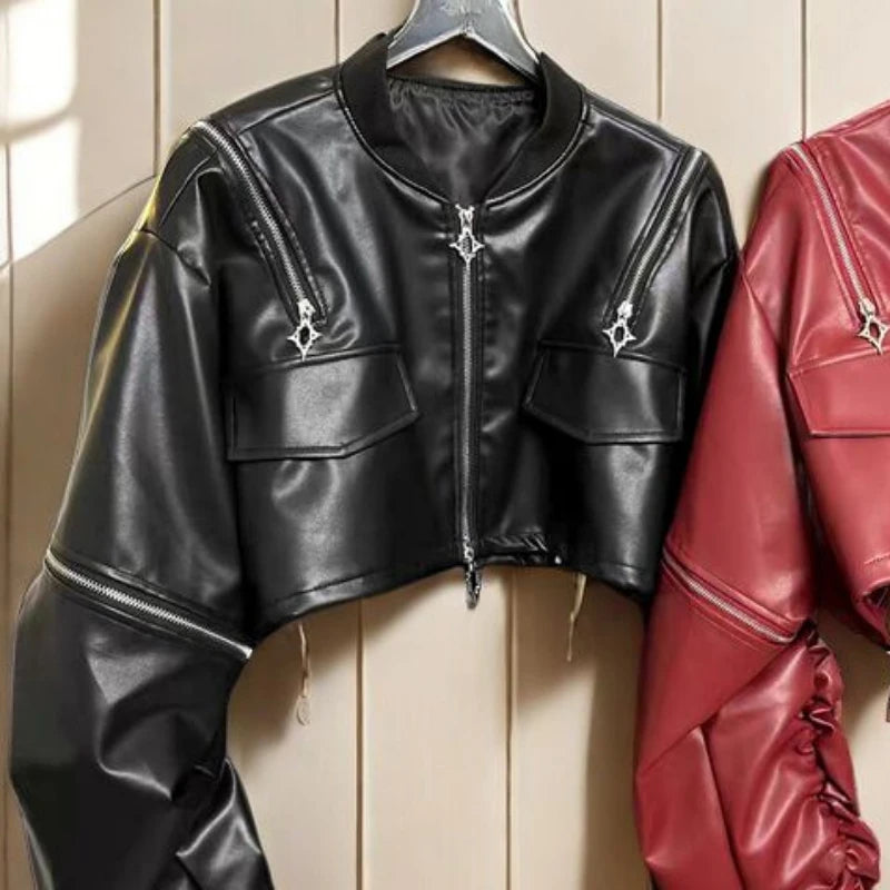 2025 Y2k Aesthetic PU Leather Jacket Womens Streetwear Pleated Grunge Solid Jackets Loose Harajuku Zipper Female Punk Crop Coat