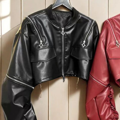 2025 Y2k Aesthetic PU Leather Jacket Womens Streetwear Pleated Grunge Solid Jackets Loose Harajuku Zipper Female Punk Crop Coat