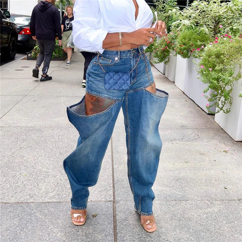 Simenual Fashion Streetwear Bottoms Punk Grunge Blue Hollow Out Loose Denim Pants Casual Y2K Rave Zip Cargo Trousers Indie Jeans
