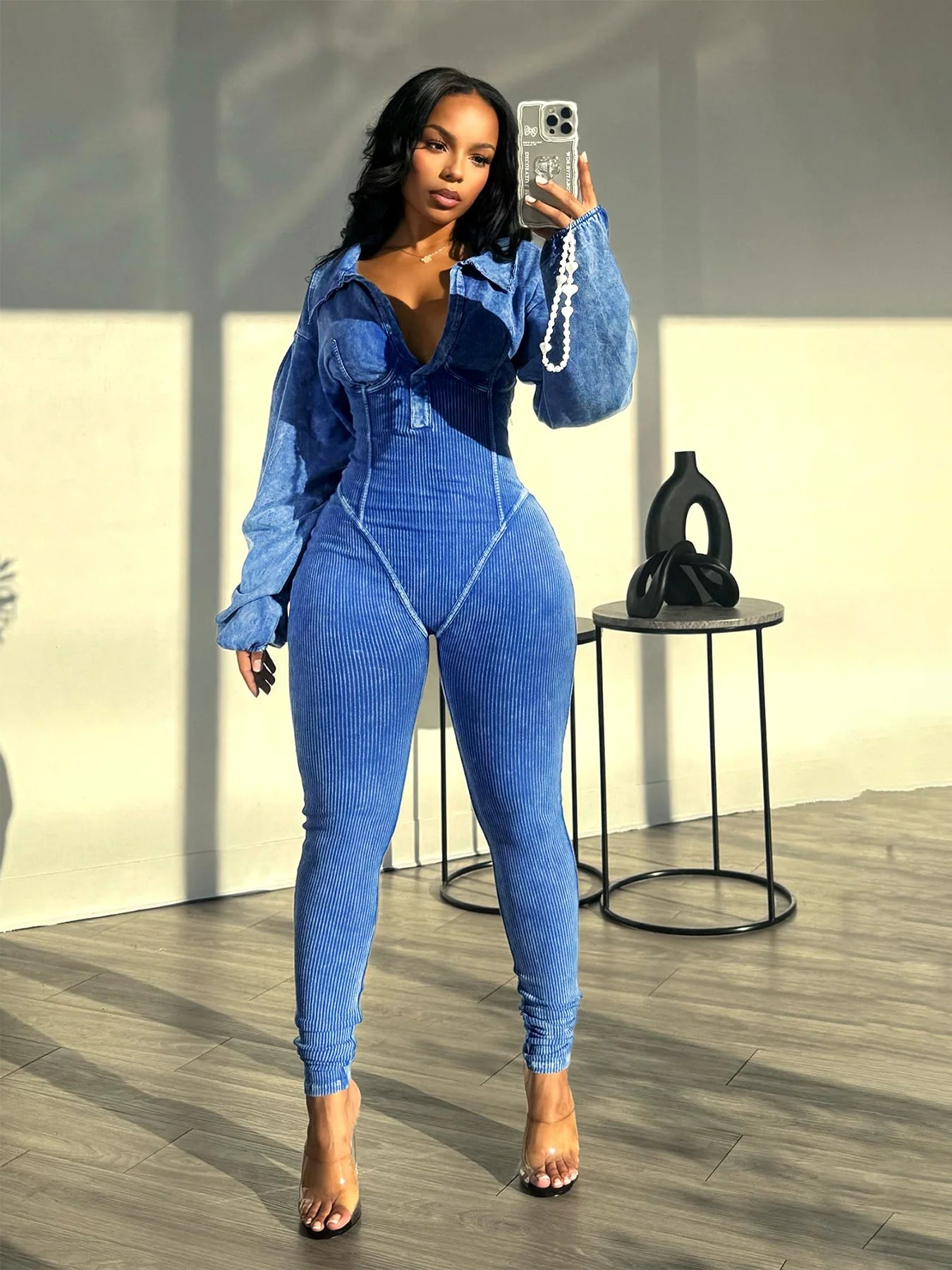 Women's Clothing 2025 Spring Summer New Fashion Bubble Sleeves Sexy Deep V Tight Waist Casual Long Sleeved Jumpsuit Pants
