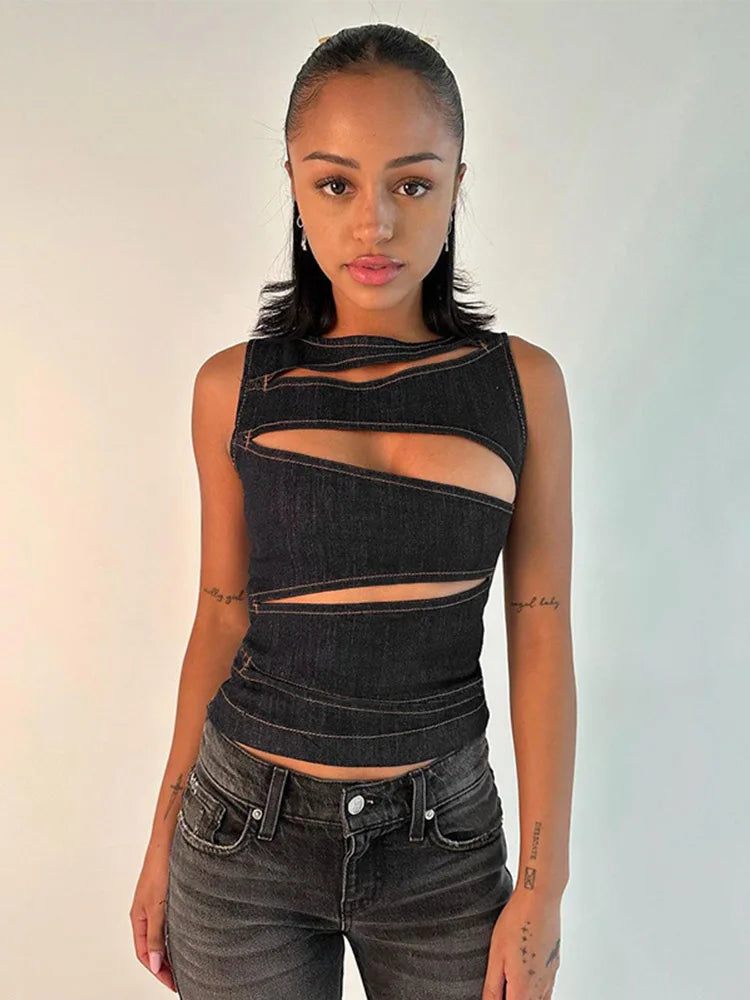 Women's Sleeveless Round Neck Vest Summer Solid Color Hollow Slim Vest Top Fashion Sexy Streetwear Women's Slim Vest Top