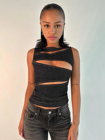 Women's Sleeveless Round Neck Vest Summer Solid Color Hollow Slim Vest Top Fashion Sexy Streetwear Women's Slim Vest Top