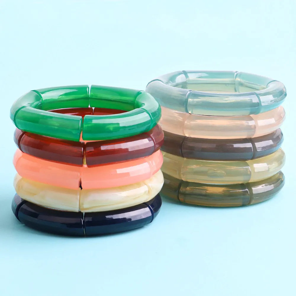 FishSheep Trendy Acrylic Stacked Bamboo Beads Bangles Bracelets for Women Bohemian Resin Elastic Beaded Bracelets Set Jewelry