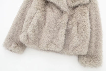 TRAFZA Female Vintage Artificial Fur Effect Coats Lapel Warm Plush Long Sleeves Hidden Buttons Autumn Winter Casual Outerwear