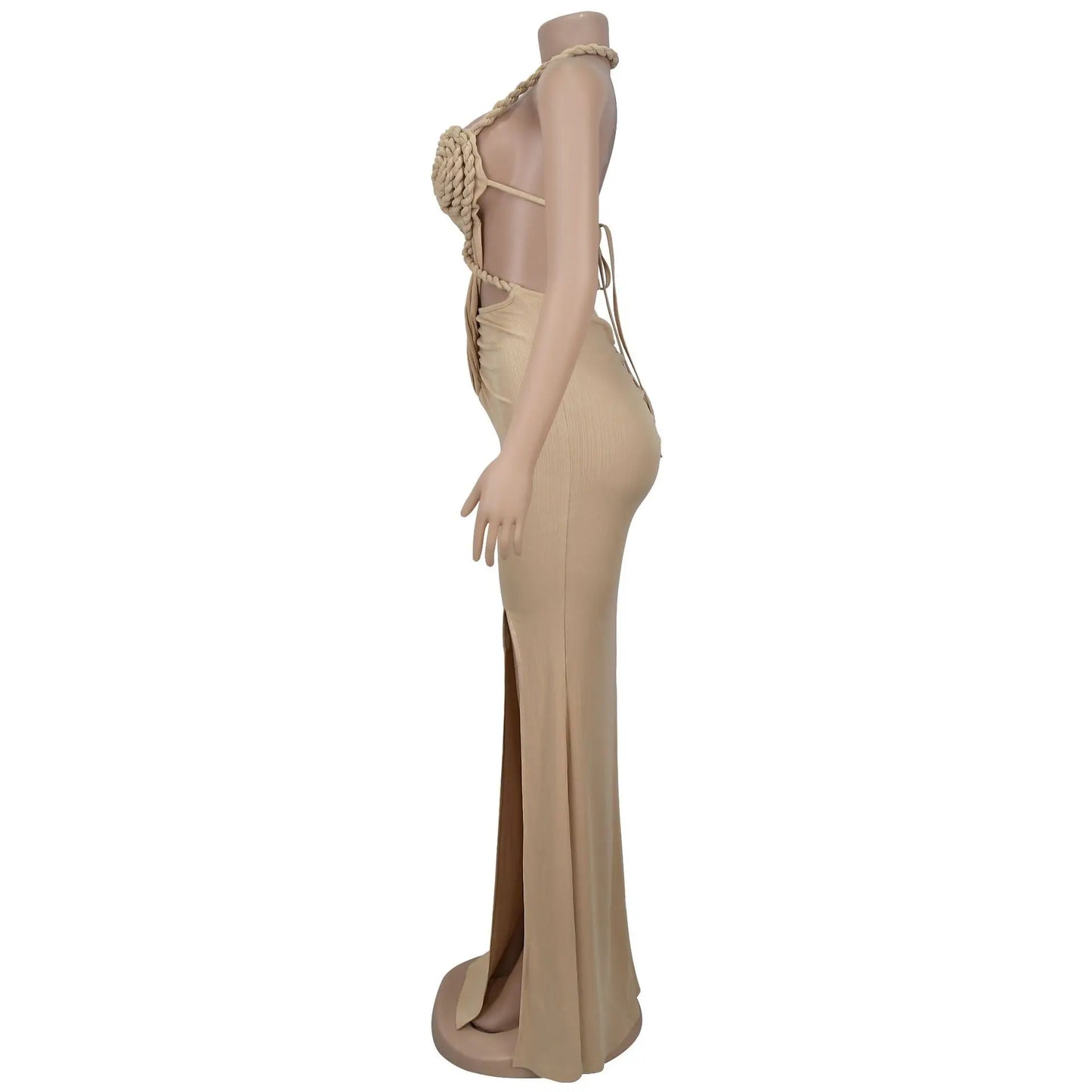 CM.YAYA Women Hemp Rope Halter Neck Stacked Ruched High Split Knit Bodycon Midi Maxi Long Dress 2025 Birthday Sexy Party Dresses