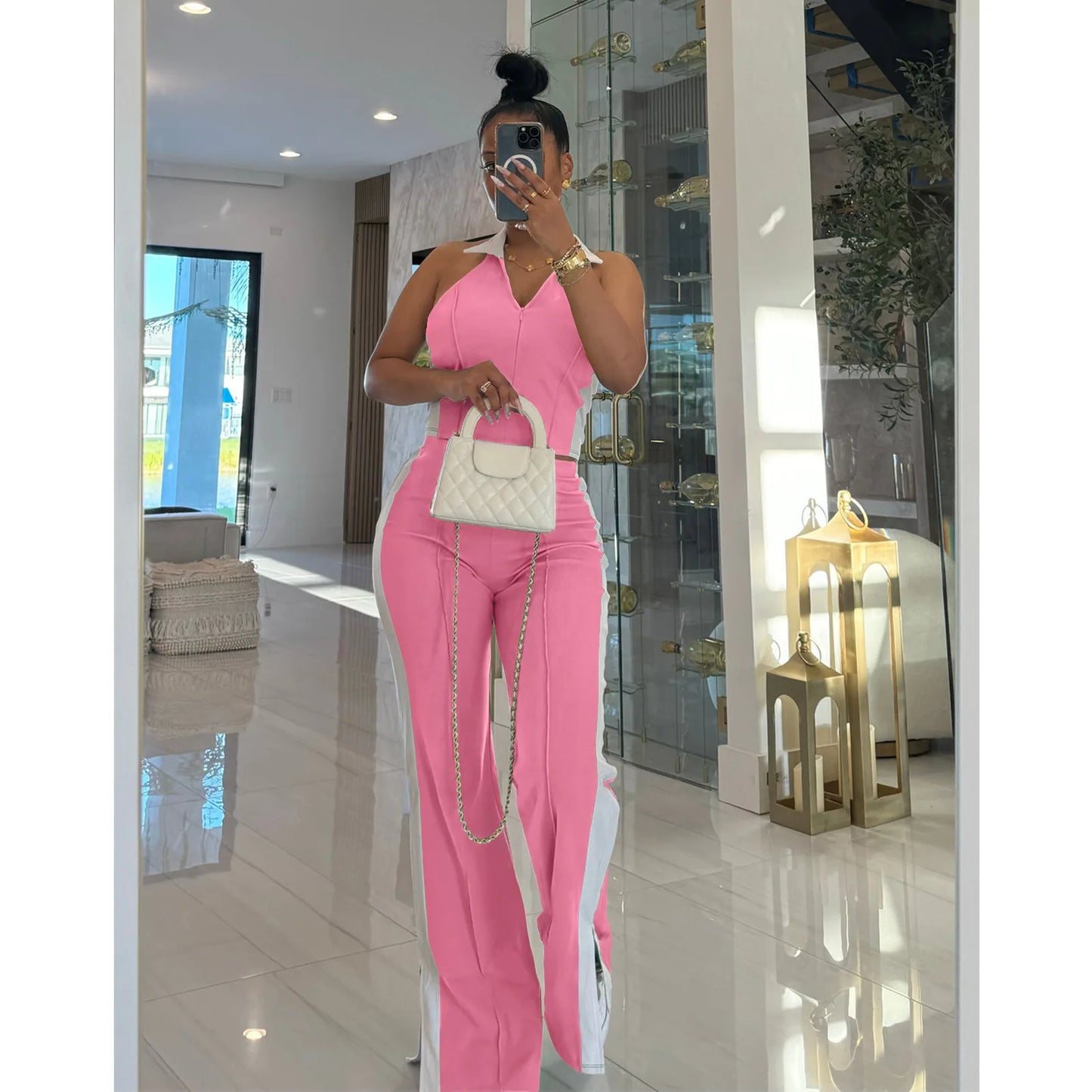 CM.YAYA Sporty Patchwork Women's Set Sleeveless Polo-tank Tops and Slit Flare Pants 2025 Active Two 2 Piece Set Outfit Tracksuit