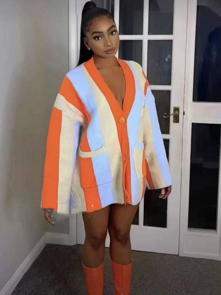 Joskaa Striped Patchwork Knitted Cardigan Women V-Neck Long Sleeve Single Breasted Sweater Coat Autumn 2023 Outwear Streetwear
